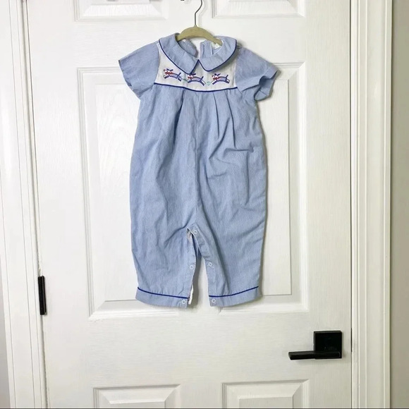 TINY TOTS VINTAGE 70s/80s Striped Dog Longalls Jumpsuit Peter Pan Collar - Picture 1 of 3